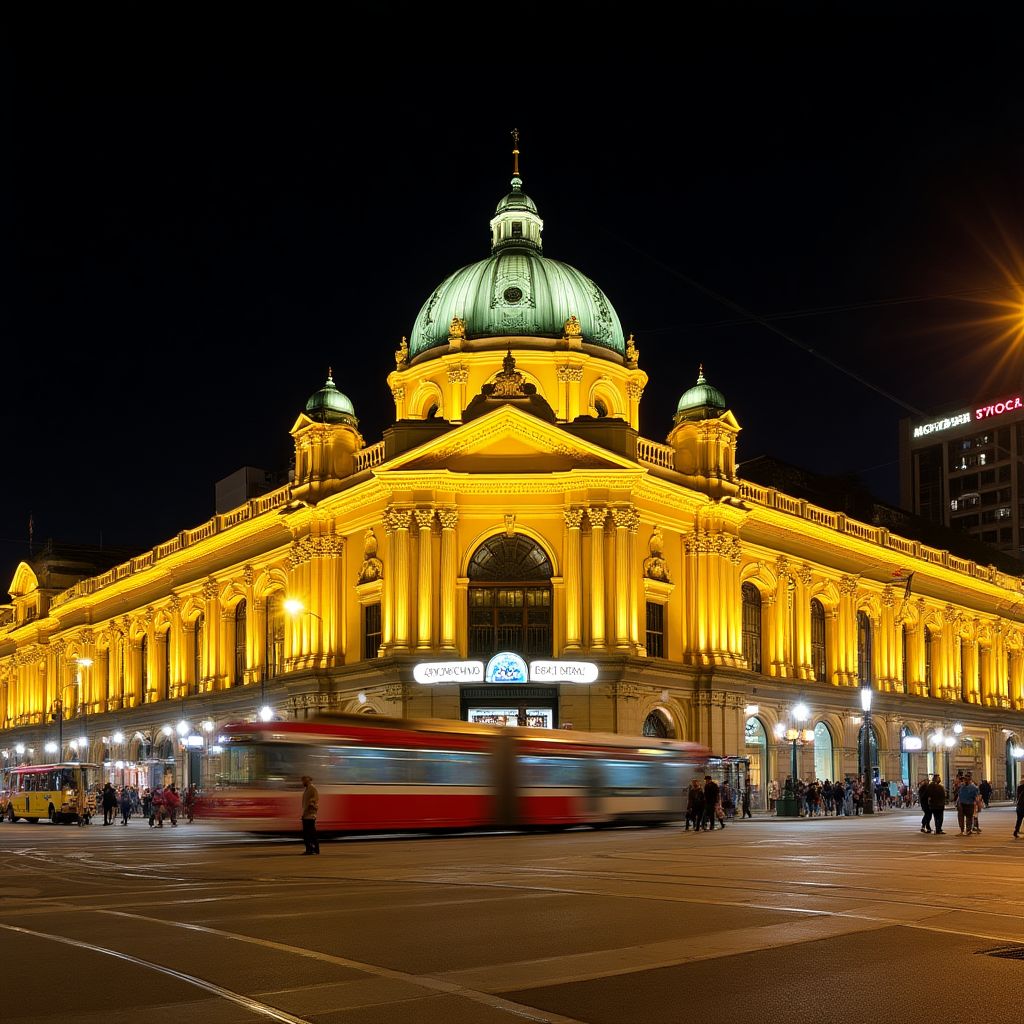 Historic Flinders Street Station illuminated at night
