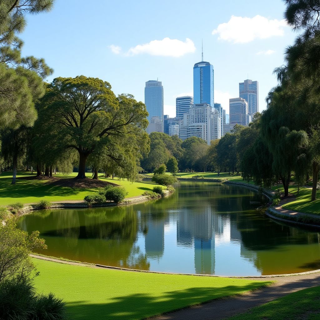 Lush Royal Botanic Gardens Melbourne with city skyline