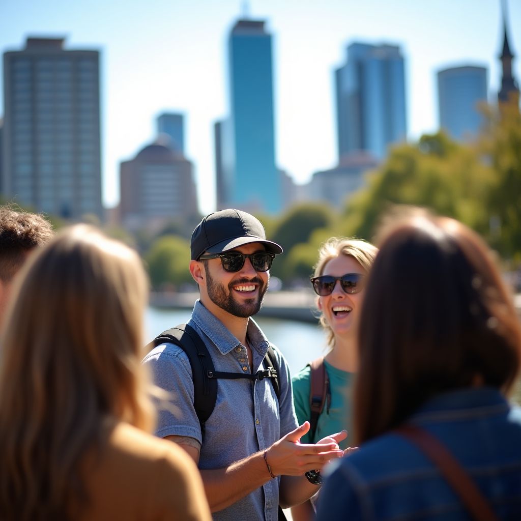 Tour guide showing visitors Melbourne attractions